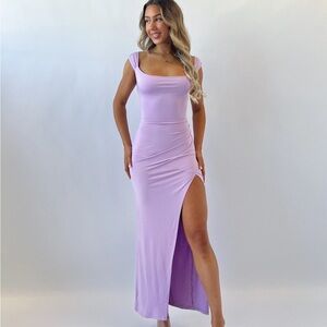 Purple Maxi Bodycon Dress with Slit and Square Neck for Wedding Guest